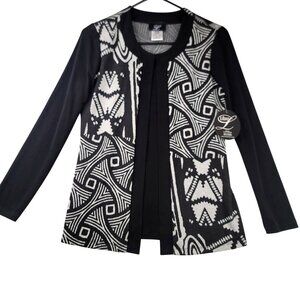 Vintage Libra Open Front Cardigan S Black White Geometric Artsy 90s Monochrome